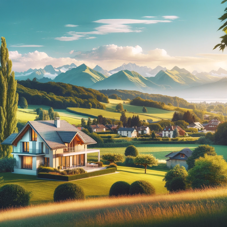 DALL·E 2024-01-17 13.58.26 - A scenic view representing the peaceful countryside in France near the Swiss border, with a view of the Alps in the background